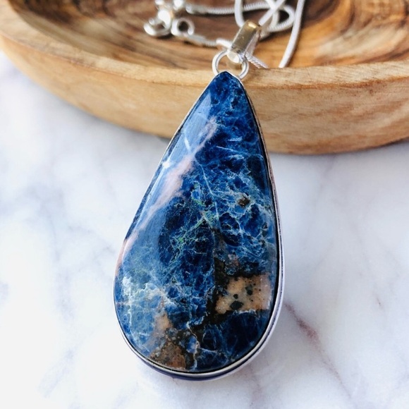 Silver Plated Blue Sodalite Pear Shape Statement Boho Necklace - Picture 10 of 10